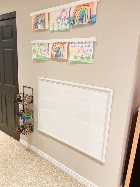 Unfinished Basement Playroom, Toy Storage Shelves, Playroom Shelves, Kid's Playroom, Whiteboard Wall, Baby Playroom, Basement Playroom, Kids Basement, Hexagon Shelves