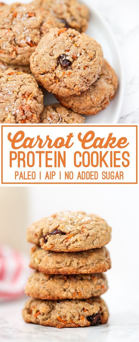 These Paleo Carrot Cake Protein Cookies are perfect for dessert or snacks on the go! Carrot Cake Protein, Aip Snack, Paleo Carrot Cake, Paleo Snack, Snacks On The Go, Aip Desserts, Carrot Cake Cookies, Healthy Protein Snacks, Cake Mug