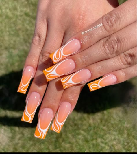 Cute Square Nails, Types Of Nails Shapes, Orange Ombre Nails, Orange Acrylic Nails, Pastel Pink Nails, Orange Nail Designs, French Tip Nail Designs, Spring Acrylic Nails, White Pastel