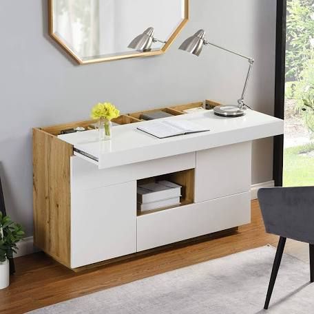 Extendable Desk, Apartemen Studio, Hidden Desk, Tree Furniture, Desk In Living Room, Smart Furniture, Desk Top, Sideboard Furniture, High Gloss White