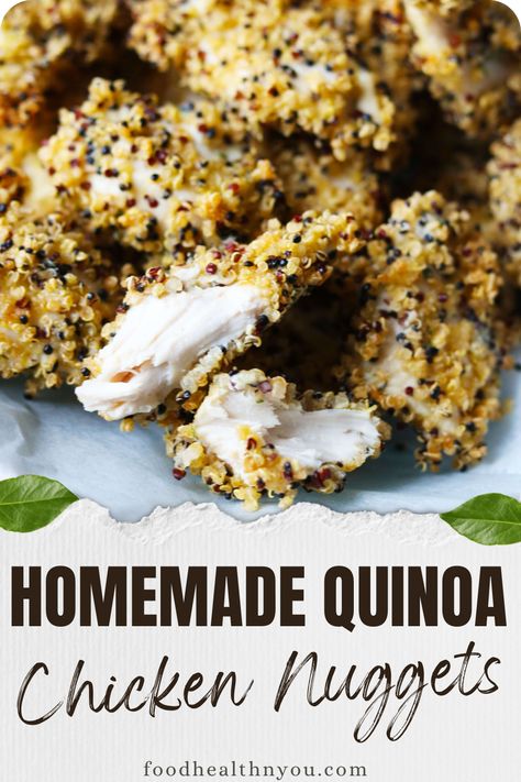 Quinoa Crusted Chicken Nuggets – A kid favourite made healthier. Using 5 simple ingredients you can make the most delicious and easy homemade Baked Quinoa Crusted Chicken Nuggets. Whether you want the health benefits of quinoa or are trying to introduce quinoa to your child these oven baked chicken nuggets are easy to make and cook fast. (Low carb, gluten free and high protein) Quinoa Crusted Chicken, Oven Baked Chicken Nuggets, Health Benefits Of Quinoa, Metabolism Recipes, Baked Quinoa, Quinoa Health Benefits, Quinoa Benefits, Crispy Quinoa, Baked Chicken Nuggets