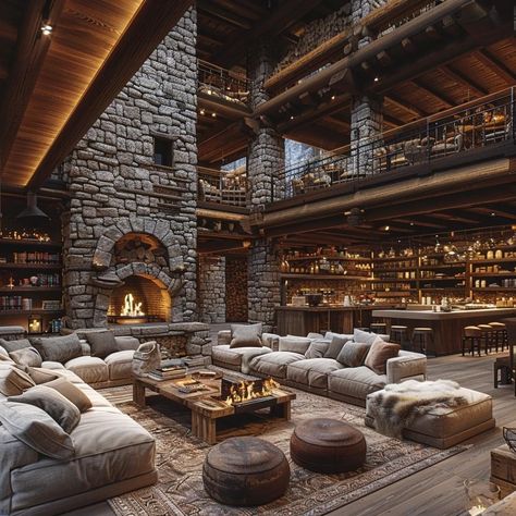 Lodge House Interior, Cabin Mansion Interior, Mountain Lodge Interior Design, Cozy Mansion, Lodge Great Room, Log Living Room, Farm Mansion, Lodge Family Room, Giant Living Room