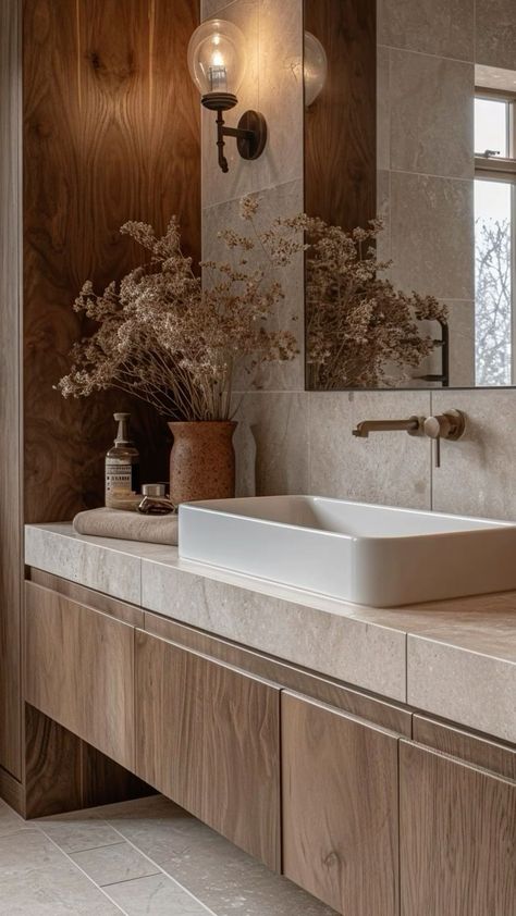 Bathroom Inspiration Modern Farmhouse, Aesthetic Half Bathroom, Earthy Powder Room, Powder Room Rustic, Contemporary Powder Room Ideas, Powder Room Ideas Elegant Modern, Organic Modern Bathroom, Mirrors Vintage, Modern Powder Room