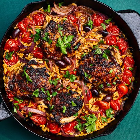 Skillet Chicken with Orzo Mediteranian Dishes, Meditrainian Diet, Medditeranean Diet, Feta Wrap, Mediterranean Keto, Chicken With Orzo, Galveston Diet, Vegan Mediterranean, Dash Recipe