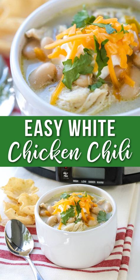 white chicken chili in a bowl Crockpot White Chilli, White Chicken Chili Crockpot Recipes Easy, Simple White Chicken Chili Crock Pot, Easy White Chicken Chili 5 Ingredient, Crock Pot White Chicken Chili Easy, White Chicken Chili Slow Cooker With Rotisserie Chicken, Whitechickenchili Easy, White Chicken Chili In Crockpot, White Chicken Chili Slow Cooker Easy Crock Pot