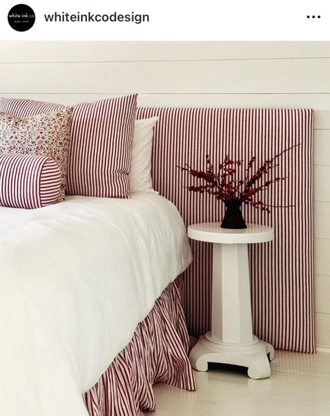 Striped Bed Frame, Striped Headboard, Striped Bedding, Fabric Headboard, Diy Headboards, Loft Living, House Goals, Apartment Inspiration, Pink Stripes