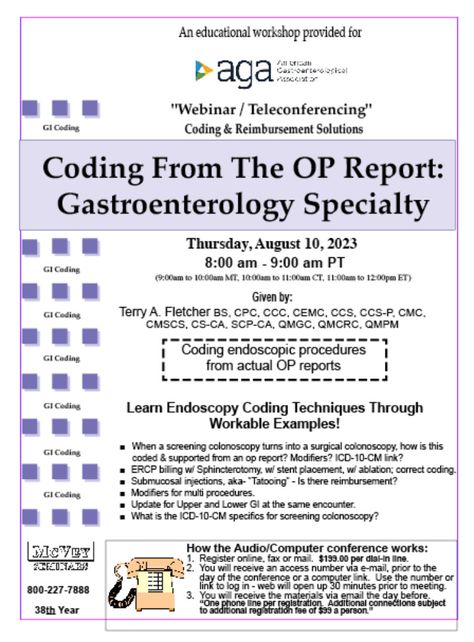 Just added "Coding from the OP Report: GI Specialty on Aug. 10, 2023. Some of the topics being covered - ■ When a screening colonoscopy turns into a surgical colonoscopy, how is this coded & supported from an op report? Modifiers? ICD-10-CM link? ■ ERCP billing w/ Sphincterotomy, w/ stent placement, w/ ablation; correct coding. Here's link to register online - http://www.mcveyseminars.com/index.php?crn=223&rn=3094&action=show_detail / you can also register by faxing in to (415)892-1271 How To Code, Icd 10, Medical Coding, Register Online, Learn To Code, Medical, Coding, Turn Ons, Education