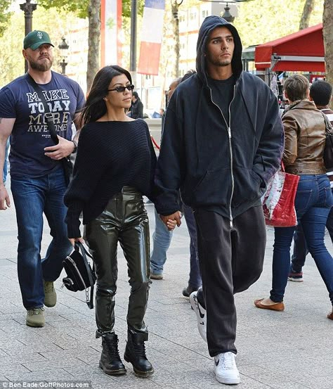 Younes Bendjima, Vinyl Pants, Kourtney Kardashian Style, Asymmetrical Sweater, Amazing Fashion, Kardashian Style, Fashion Couple, Kourtney Kardashian, Celebrity Outfits