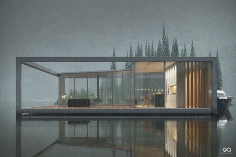 EXORBITART on Instagram: “today‘s rainy bit cosy mood🌧 - the shelter project. design by @benjaminspringer  cgi @exorbitart 👏. . #cgartwork #architecturelovers…” Floating Architecture, Glass Houses, Shelter Design, Loft Interior, Rest House, Luxury Lodge, Floating House, Scandinavian Decor, Waterfront Homes