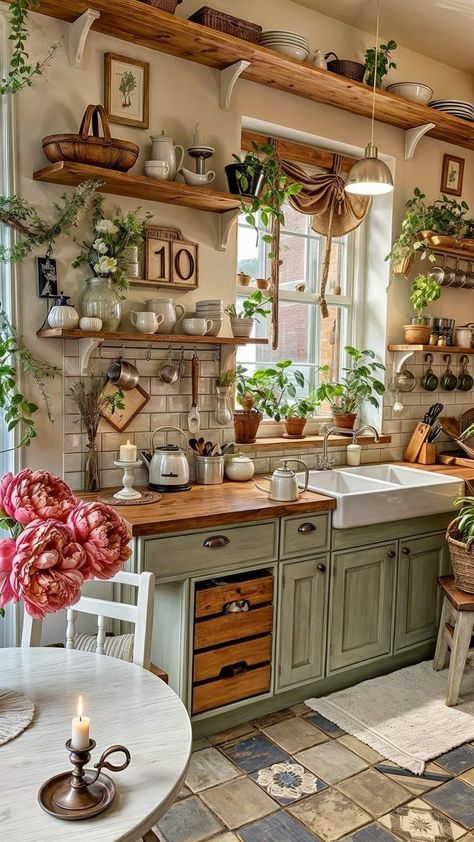 Cozy Country Kitchen, Beach Cottage Kitchen, Kitchen Glam, Hell Tattoo, Contemporary Kitchen Designs, Rustic Country Kitchen, Cottagecore Kitchen, Budget Furniture, Country Kitchen Ideas