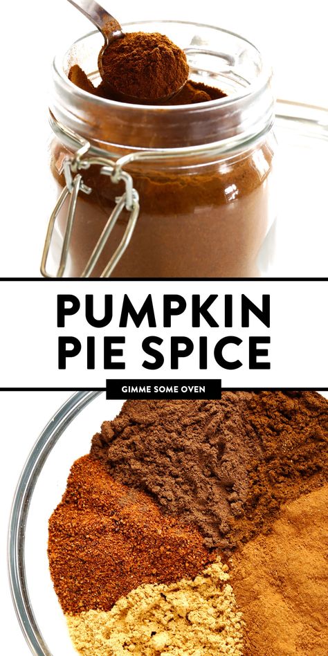 This homemade pumpkin pie spice recipe is quick and easy to make with just 5 ingredients, and perfect for adding to pumpkin spice lattes, cakes, cookies, bars, pies, and all of your other favorite pumpkin spice recipes. | gimmesomeoven.com #pumpkin #spice #blend #recipe #homemade #diy #fall #baking Pumpkin Spice Recipes, Homemade Pumpkin Pie Spice, Tempting Food, Pumpkin Pie Spice Recipe, Pie Spice Recipe, Best Pumpkin Pie, Pumpkin Spice Recipe, Homemade Mixes, Cookies Bars