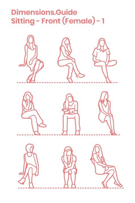 Assortment of scaled front elevation drawings of women sitting. Illustrating common casual postures, these drawings of women can be used to add scale to drawings of chairs, benches, and surfaces. Drawings are split into two categories for high seats at 18” | 46 cm and low seats at 15” | 38 cm. Downloads online #people #humans #sitting #drawings Drawings Of Women, Posture Drawing, Woman Drawings, Bench Drawing, Human Dimension, Chair Drawing, Human Sketch, Elevation Drawing, Human Figure Sketches