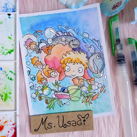 Ponyo Watercolor, Character Watercolor, Watercolor Studio, Watercolor Cartoon, Drawing Superheroes, Studio Ghibli Art, Watercolor Ideas, Ghibli Art, Unique Paintings