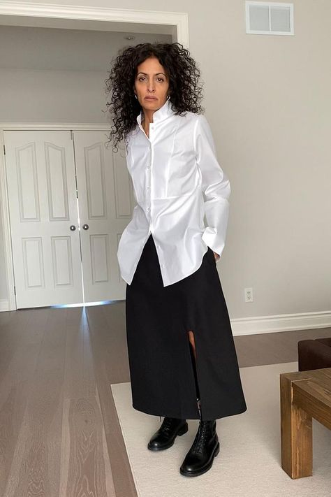 I Collect The Row and Know These 6 Staples Work No Matter Your Budget The Row Styling, The Row Outfits 2023, Shirts And Skirts Outfit, The Row Street Style, Black Button Down Shirt Outfit, The Row Outfits, The Row Aesthetic, The Row Style, Neelam Ahooja