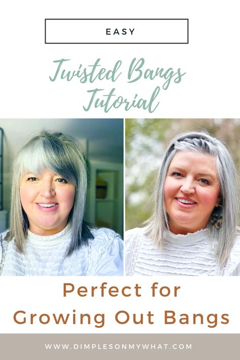 A Twisted Bangs Tutorial for Short Bangs - dimplesonmywhat Hair Styles When Growing Out Bangs, Bangs Hacks Hair Tricks, Easy Hairstyles For Medium Hair With Bangs, Growing Out Bangs Hairstyles Over 50, How To Pull Back Bangs, Too Short Bangs, Ways To Pin Back Bangs, Styling Short Bangs, How To Style Short Bangs