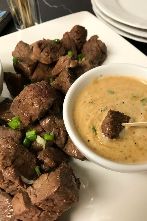 My filet mignon steak bites are served with a homemade blue cheese dip, store bought hoisin sauce and A1 sauce. The recipe is fast and easy and oh so good! Cheese Sauce For Steak, Filet Steak, Homemade Blue Cheese, Beef Appetizers, Steak Bites Recipe, Mignon Steak, Filet Mignon Steak, Delicious Steak, Blue Cheese Dip