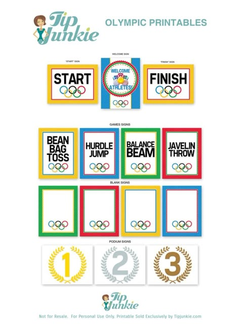 11 Olympic Event Signs to Print {FREE!} | Tip Junkie Olympic Games For Adults, Olympic Birthday Party, Olympic Printables, Summer Olympics Crafts, Summer Olympics Party, Summer Olympics Activities, Olympic Sign, Vbs Olympics, Preschool Olympics