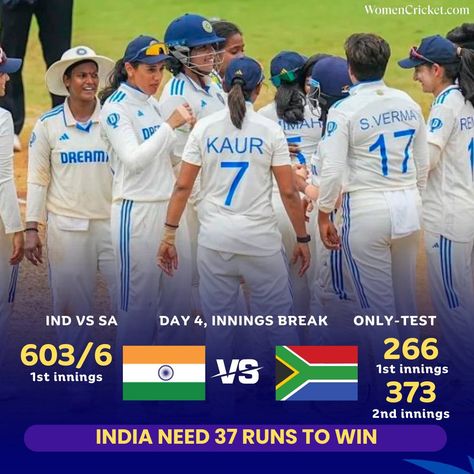 India need 37 runs to win the Test match 🏏 Scorecard: https://shorturl.at/0FFmj #women #cricket #INDvSA #snehrana Women Cricket, Test Match, Cricket News, The Test, To Win, India, Running, Quick Saves