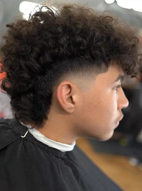 Curly Mullet Fade Men, Fohawk Haircut Fade Curly, Curly Mohawk Hairstyles For Boys, Burst Fade Mullet Curly Hair, Mullet Men Curly, Mullet Curly Hair Men, Burst Fade Curly Hair, Fohawk Haircut Fade, Mens Haircuts Thick Hair