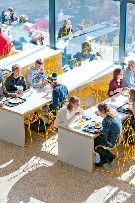 Stannary cafe bar at Tremough campus Canteen Aesthetic, School Cafeteria Design, Campus Cafeteria, University Cafe, Funky Cafe, Highschool Design, Adidas Office, University Interior Design, University Cafeteria