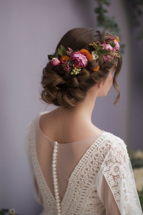 This stunning fall haircut features an intricate braided bun adorned with vibrant florals, ideal for autumn brides. The floral crown adds a rustic charm, making it perfect for outdoor weddings. The soft, romantic updo highlights the natural beauty of the season, ensuring you look elegant and timeless on your special day. Low Bun Hairstyles With Flowers, Bridal Updo With Flowers And Veil, Bridal Hair With Floral Crown, Outdoor Wedding Hairstyles The Bride, Fall Bridal Hairstyles, Fall Wedding Hair For Bride, Soft Autumn Wedding, Wedding Updo With Flowers, Bridal Updo With Flowers