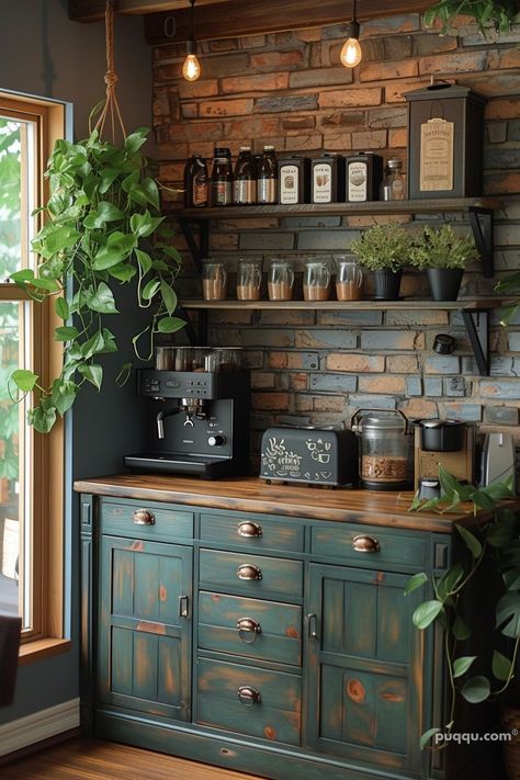 Home Coffee Bar Station Ideas - Create Your Perfect Brew Corner - Puqqu Corner Bar In Kitchen, Cafe Bar Design Home, Kitchen Tea Coffee Station, Coffee Home Bar, Coffee Bar Cabinet Ideas Diy, Coffee Shelf Ideas Small Spaces, Dark Academia Coffee Bar, Witchy Coffee Bar, Coffee And Bar Station