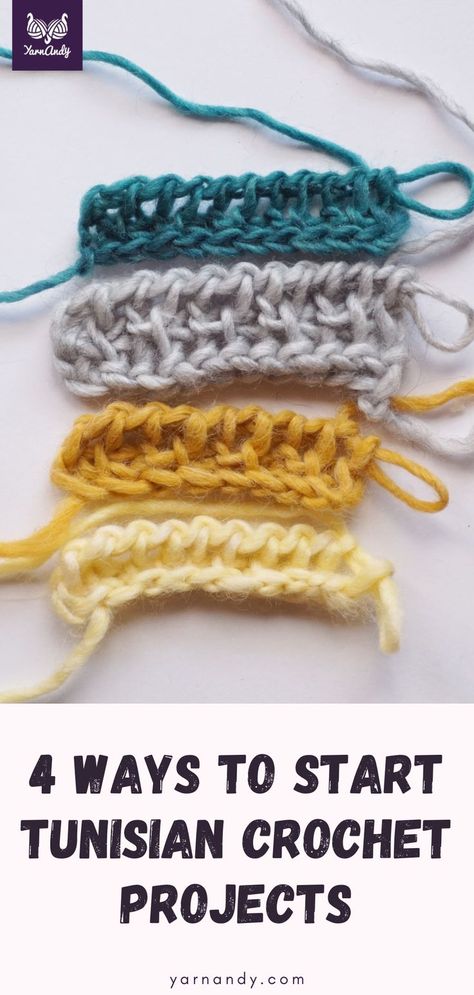 4 samples in chunky yarn, showing the results of casting on Tunisian crochet stitches using the method in the video. From top to bottom: picking up loops in back bumps of chains, foundation single crochet, wrapped long tail, knit long tail. How To Make Foundation, Foundation Single Crochet, Tunisian Crochet Patterns, Tunisian Crochet Stitches, Crochet Pillow Pattern, Cowl Knitting Pattern, Crochet Borders, Crochet Pillow, To Cast