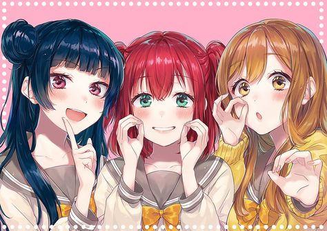 blue_hair blush bow brown_eyes brown_hair green_eyes kunikida_hanamaru kurosawa_ruby love_live! _school_idol_project love_live! _sunshine !! pink_eyes red_hair seifuku short_hair sudach_koppe tsushima_yoshiko Anime Group, Anime Friendship, Anime Sisters, Blue Anime, Friend Anime, Fete Anime, Anime Best Friends, Love Live, Anime Inspired