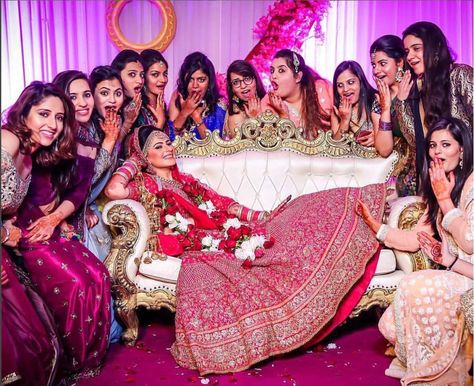 Squad photos you must have from your indian wedding. | Indian wedding photos bride with her best friends | bride in a red and gold lehenga on a safa | happy Indian bride | cute poses for your Indian wedding Selfie Corner, Ravish Kumar, भारतीय दुल्हन संबंधी, Bridesmaids Photography, शादी की तस्वीरें, Bridesmaid Poses, Indian Bride Photography Poses, Bride Entry, Photo Graphy