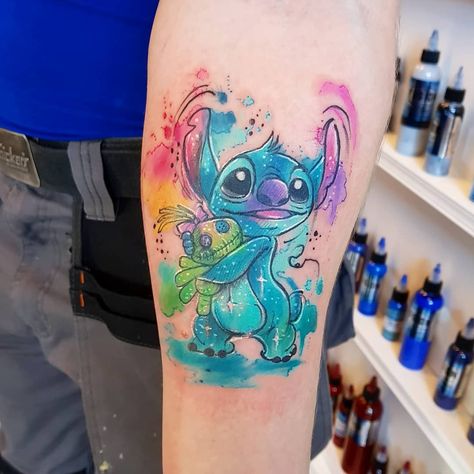 Joanne Baker on Instagram: “Stitch & scrump for Hannah 🎨 so much fun xx . . . . . #sempertattoo #killerinktattoosupplies #dermalizeproofficial #fusionink #uktta…” Stitch And Scrump Tattoo, Lala Tattoo, Scrump Tattoo, Watercolor Stitch, Stitch And Scrump, Disney Stitch Tattoo, Lilo And Stitch Tattoo, Rain Tattoo, Prince Tattoos