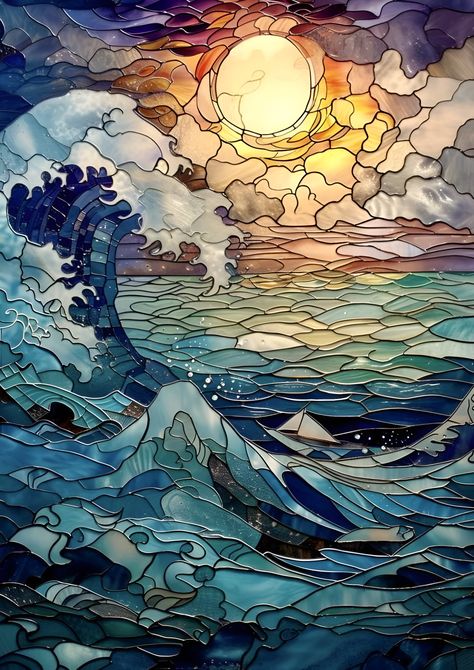 Stain Glass Drawing, Open Impressionism, Stained Glass Door, Japanese Artwork, Stained Glass Diy, Diy Canvas Art Painting, Ocean Art, Stained Glass Art, Diy Canvas Art