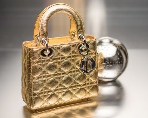 Lady Dior Bag in Gold-Tone Grained Leather - $3,450 Cute Laptop Bags, Dior Boutique, Lady Dior Handbag, Purse Trends, Structured Handbags, Dior Gold, Luxurious Bags, Authentic Bags, Gold Bag