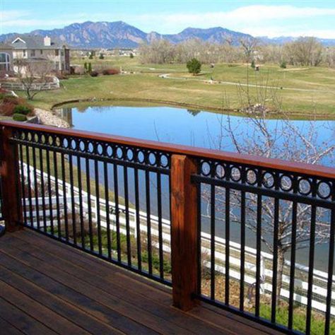 Fortress FE26 Iron Railing Panels in Gloss Black with Ring Top Accent Panels Classic Railing, Iron Railings Outdoor, Deck Rails, Metal Deck Railing, Iron Balcony Railing, Aluminum Railing Deck, Front Porch Railings, Balcony Railings, Deck Railing Design