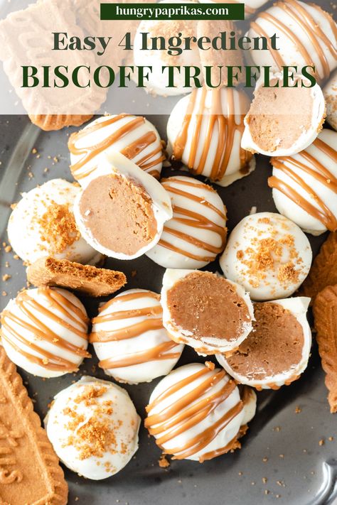 Grey tray with biscoff truffles piled on top and biscoff cookies Caption reads: Easy 4 Ingredient Biscoff Truffles Mini Biscoff Desserts, Biscoff Cake Pops, Biscoff Truffles Recipe, Easy Biscoff Desserts, Biscoff Recipes Easy, Biscoff Dessert Recipes, Biscoff Bites, Biscoff Balls, Desert Bites