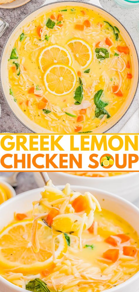 Lemon Chicken Soup - Learn to make this EASY Greek lemon chicken soup (avgolemono) at home! Made in one bowl and ready in just about 30 minutes, this creamy and comforting soup can be made with either orzo or rice. It's rich and luscious without being thick or heavy thanks to the burst of lovely fresh lemon flavor!'s rich and luscious without being thick or heavy thanks to the burst of lovely fresh lemon flavor! Greek Lemon Chicken Soup Avgolemono, Greek Lemon Chicken Soup, Chicken Lemon, Lemon Rosemary Chicken, Lemon Soup, Lemon Chicken Soup, Spring Recipe, Greek Lemon Chicken, Whole Roasted Chicken