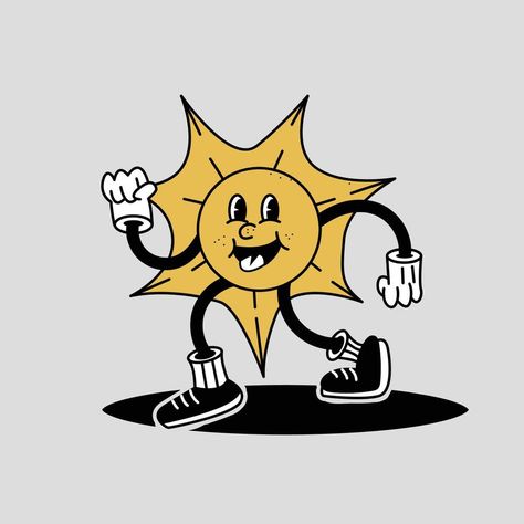 Retro Sun Character, Sun Character Design, Sun Character, Sun Cartoon, Walking Cartoon, Cartoon Character Illustration, Funny Sun, Logos Retro, Cartoon Sun