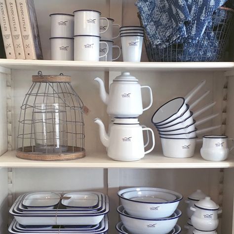 High Street Trading Co. Is now stocking the iconic and classic Falcon Enamelware in beautiful blue and white. #falconenamelware #enamelware #kitchenware #wire #rustic #countrystyle #decorate #home #blueandwhite White Enamel Kitchen Decor, Enamelware Table, White Enamelware Decor, Blue Enamelware, Enamel Cookware Vintage, Enamel Pan, Chic Bedroom Design, Falcon Enamelware, Decorate Home