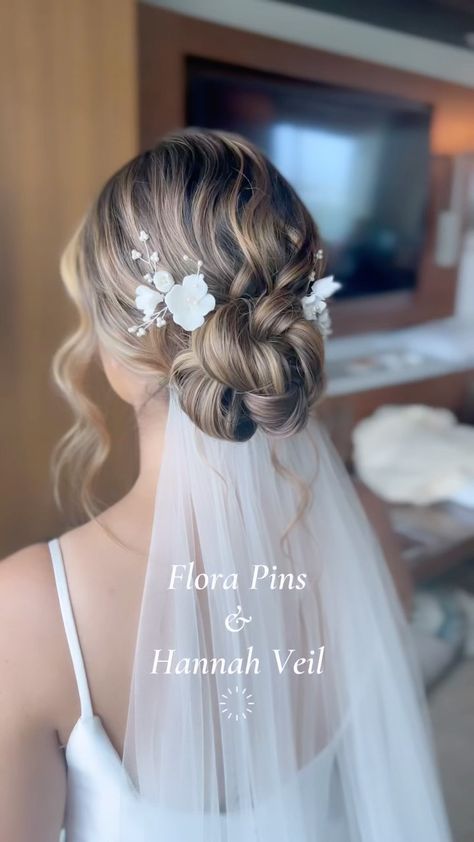 Jay Kay Braids & Bridal’s Instagram profile post: “The Flora Pins & Hannah Veil are always a good combo 🤍✨ Bride, bridal hair, bridal hair accessories” Hair Up Wedding Styles With Veil, Bridal With Veil Hairstyles, Wedding Bun With Veil Under, Wedding Hair Veil Under Bun, Bridal Bun And Veil, Wedding Hairstyles Veil Updo, Wedding Updo Veil Underneath, Beach Bridal Hair With Veil, Low Messy Bun Wedding Hair Veil