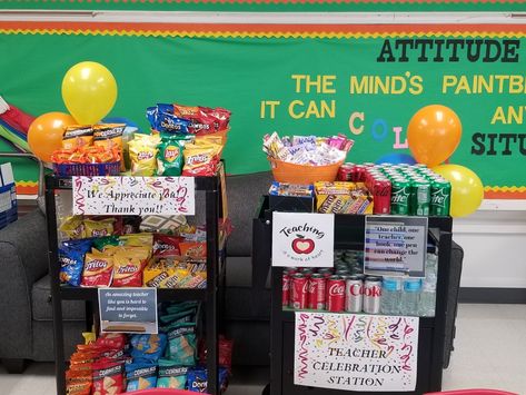 Classroom Snack Bar Ideas, Treat Carts For Teachers, Teacher Appreciation Snack Carts, Woot Woot Wagon For Teachers, Sunshine Cart For Teachers, Substitute Appreciation, Sunshine Cart, Treat Cart, Teacher Appreciation Week Themes