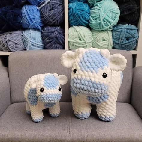 Squishy Cow Crochet Pattern, Big Cow Crochet Pattern, Large Crochet Stuffed Animals, Blue Crochet Animals, Cow Plushie Crochet Pattern Free, Light Blue Crochet Ideas, Fuzzy Crochet Projects, Blue Things To Crochet, How To Crochet A Cow