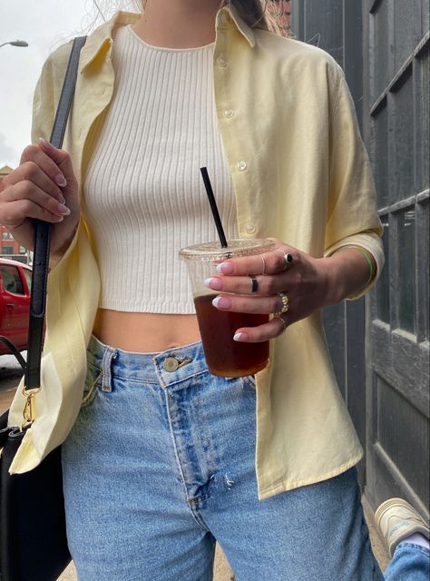 Yellow Button Down Shirt Outfit Women, Yellow Collared Shirt Outfit, Yellow Striped Button Up Shirt Outfit, Yellow Short Sleeve Shirt Outfit, Yellow Overshirt Outfit, Yellow Button Down Outfit, Womens Collared Shirt Outfits, Camp Collar Shirt Outfit Women, Pale Yellow Shirt Outfit