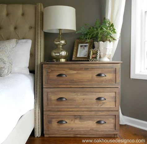 Turn an IKEA RAST dresser ($35) into a Faux Vintage Dresser. Use decorative lattice moulding trim from Home Depot to outline the drawers, Sand then stain with 1 part Minwax Wood Finish in Provincial with 4 parts glaze, then seal with Varathane Matte Polyurethane, add cup pull handles from Lowe's Ikea Nightstand, Pottery Barn Style, Ikea Dresser, Vintage Nightstand, Night Stands, Furniture Hacks, Remodel Bedroom, Ikea Furniture, Ikea Hacks