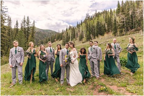 Forest Green And Gray Wedding, Forest Green Tie Wedding, Mountain Wedding Party Colors, Forest Green Bridal Party Attire, Bridesmaid Forest Green Dresses, Gray And Green Suit, Groomsmen Forest Green, Grey Groomsmen Suits With Green Bridesmaids, Forest Green And Charcoal Grey Wedding