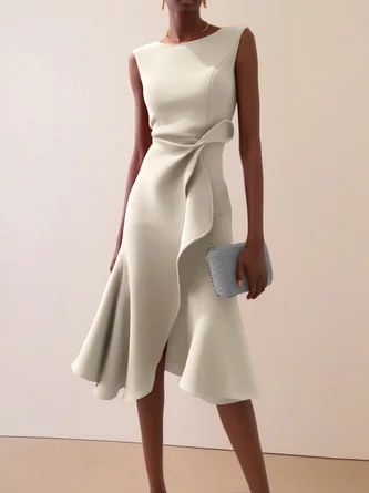 Women Plain Summer Urban Polyester Ruched Natural Non-Wrinkle Party Regular Fit Dresses Midi Elegant Dress, Boat Neck Dress, Ruched Midi Dress, Crewneck Dress, Midi Short Sleeve Dress, Looks Chic, Mother Of Bride, Types Of Dresses, Ruched Dress