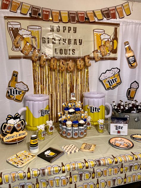 50th Beer Birthday Party, Beer Theme Birthday Party, 30th Birthday Beer Theme, Miller Lite Birthday Party, Beer Themed 40th Birthday Party, Beer Birthday Decorations, Modelo Beer Theme Party, Beer Birthday Party Ideas For Men, Adult Birthday Party Food Ideas