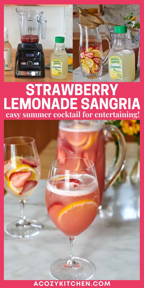 2 glasses of sangria with fruit in each in front of a pitcher of sangria Wine And Lemonade Drinks, Pink Lemonade Sangria, Strawberry Lemonade Alcoholic Drink, Lemonade Sangria Recipe, Strawberry Wine Recipe, Alcoholic Lemonade Drinks, Strawberry Lemonade Cocktail, Moscato Strawberry Lemonade, Strawberry Lemonade Sangria