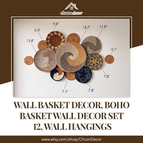 Make your wall very stylish and beautiful by hanging this black and bronze-colored Woven Wall Hanging. With the given 12 baskets, the wicker basket set is suitable for those who has a large space of wall. Otherwise it can be separated into 2 small set of baskets and be decorated in 2 space. . . #chumdecor #ecodesign #ecofriendly #design #handmade #sustainabledesign #interiordesign #homedecor Boho Basket Wall Art Bedroom, Basket Wall Hanging Set, Boho Wicker Basket Wall Decor, Large Round Wall Basket, Boho Basket Wall Art Different Shapes, Wall Basket Decor, Boho Basket, Basket Decor, Basket Wall