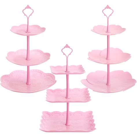 PRICES MAY VARY. Package includes 3 styles 3 tiers serving trays, pink plate and pink rods. Each is about 14.5" tall. Round Trays - small is 6.25" dia., medium is 8" dia., large is 9.6" dia.; Square Trays - small is 5.75" x 5.75", medium is 7.75" x 7.75", large is 9.6" x 9.6"; Flower Trays - small is 5.75" dia., medium is 7.5" dia., large is 9.75" dia. Made of quality plastic, food safe, BPA free and non-toxic. Lightweight yet sturdy for use. Instruction: Please put the heavy foods on the bottom Cardboard Cupcake Stand, Tiered Serving Stand, Cupcake Tiers Stand, Cake Stand Set, Flower Tray, Pink Plates, Tiered Serving Trays, Cake Plates Stand, Dessert Stand