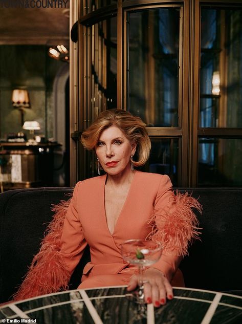 Elegant: Christine posed in a coral colored look featuring feathered sleeves Christina Baranski, Marry For Money, Christine Baranski, Town And Country Magazine, The Good Wife, Family Connection, Dowager Countess, The Gilded Age, Country Magazine