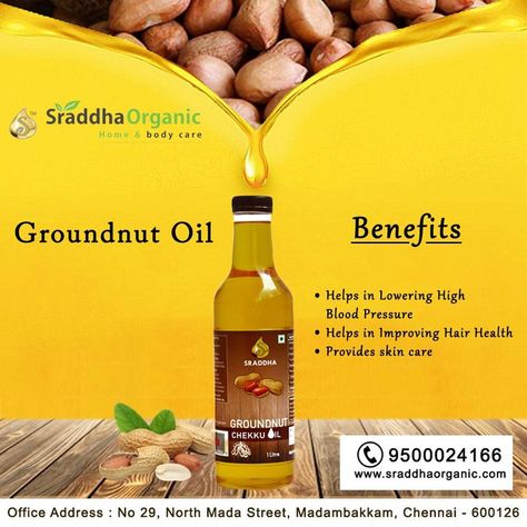 Groundnut Oil For Enquiry Call Us :9500024166 #Groundnut #oil #health #healthoil #groundnutoil #care #bodycare #organic #sraddha #sraddhaorganic #home #Benefits #oilbenefits #chekku #chekkuoil #original #originaloil #cookingoil #originalchekku #originalchekkuoil #originalgroundnut #delivery #sale #online #onlineshop #freedelivery #home #deliveryservice #natural #naturaloil #refinery Groundnut Oil, Oil Benefits, Cooking Oil, Hair Health, Blood Pressure, Natural Oils, Original Oil, Body Care, Benefits